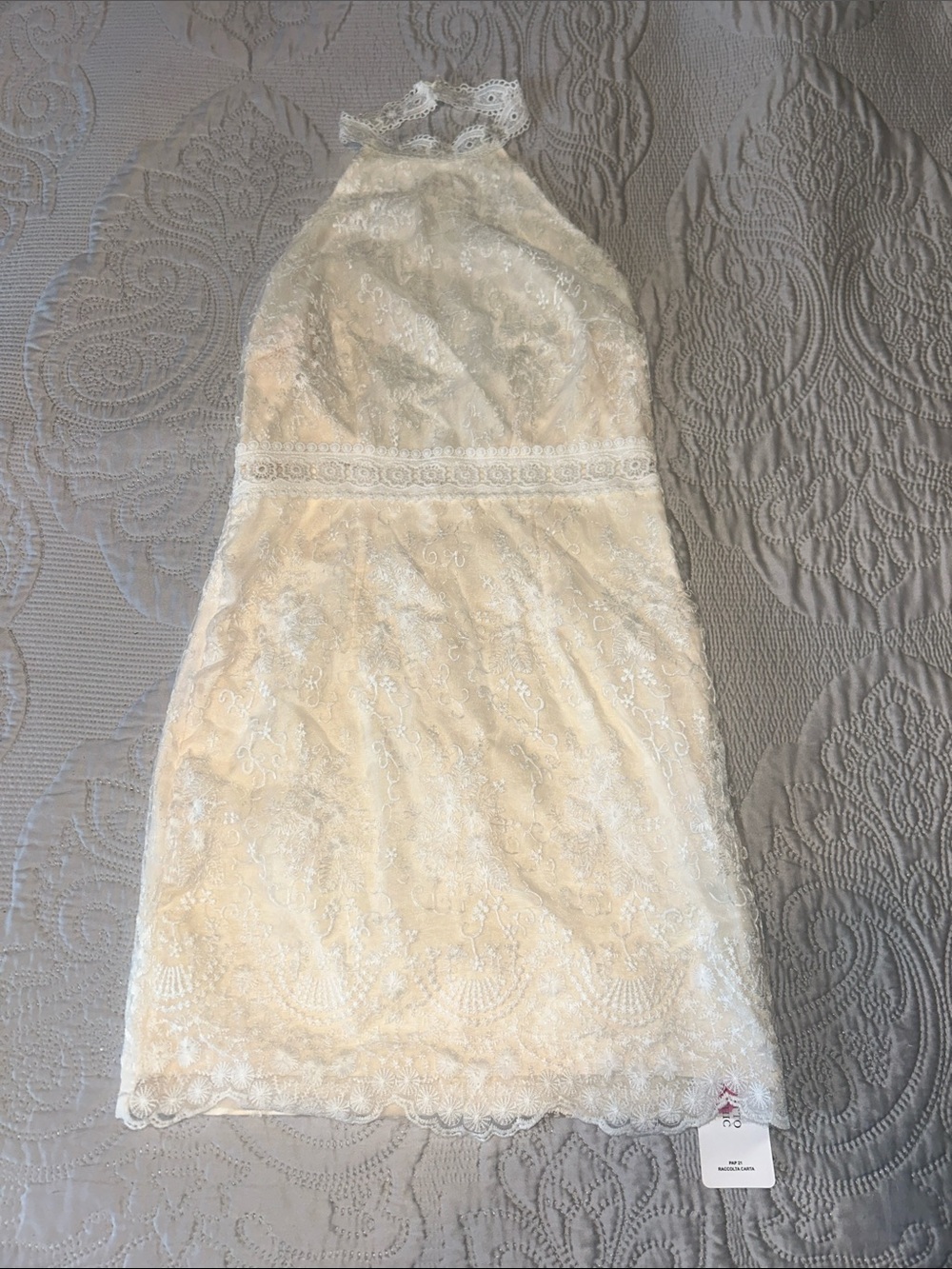 Ivory Lace Halter Mini Dress with Scalloped Trim
